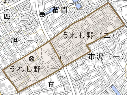 うれし野とその周辺の地図。町の範囲を重ねている