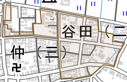 谷田とその周辺の地図。町の範囲を重ねている