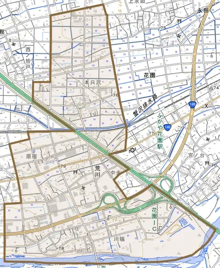 荒川とその周辺の地図。町の範囲を重ねている