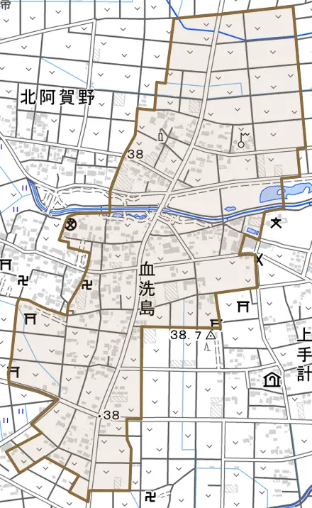 血洗島とその周辺の地図。町の範囲を重ねている