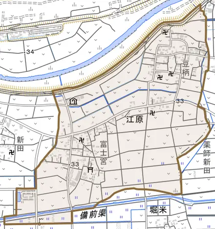 江原とその周辺の地図。町の範囲を重ねている