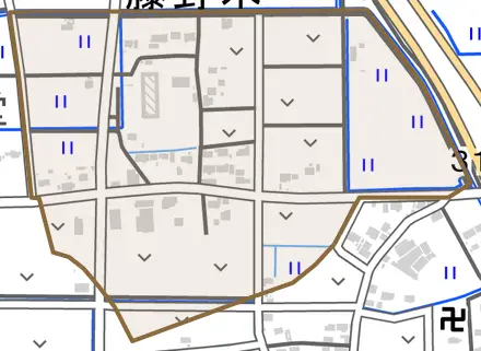 藤野木とその周辺の地図。町の範囲を重ねている