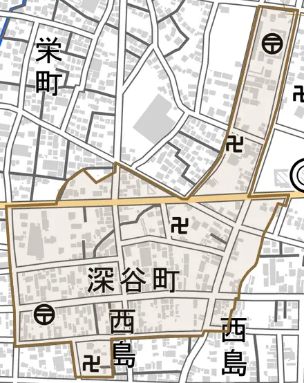深谷町とその周辺の地図。町の範囲を重ねている