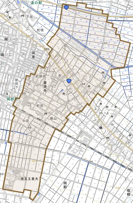 普済寺とその周辺の地図。町の範囲を重ねている