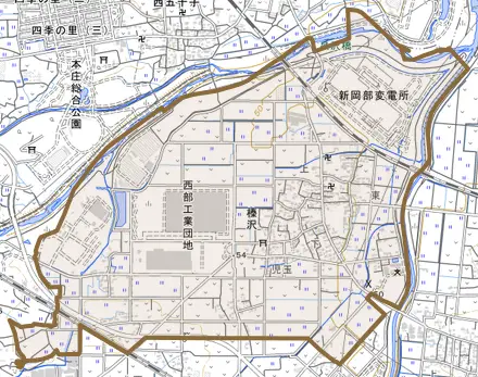 榛沢とその周辺の地図。町の範囲を重ねている