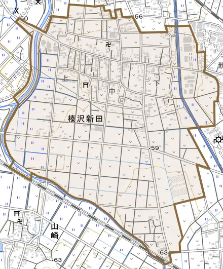 榛沢新田とその周辺の地図。町の範囲を重ねている