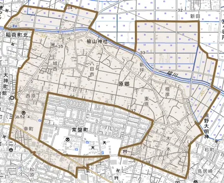 原郷とその周辺の地図。町の範囲を重ねている