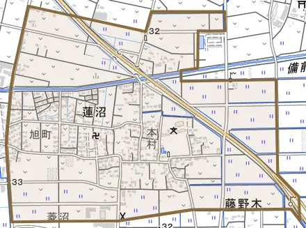 蓮沼とその周辺の地図。町の範囲を重ねている