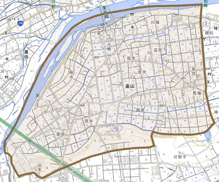 畠山とその周辺の地図。町の範囲を重ねている