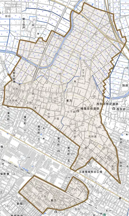 東方とその周辺の地図。町の範囲を重ねている