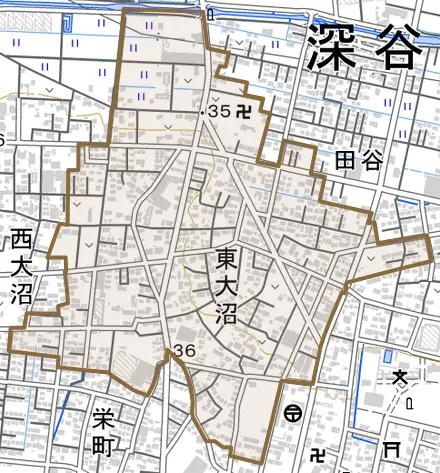 東大沼とその周辺の地図。町の範囲を重ねている