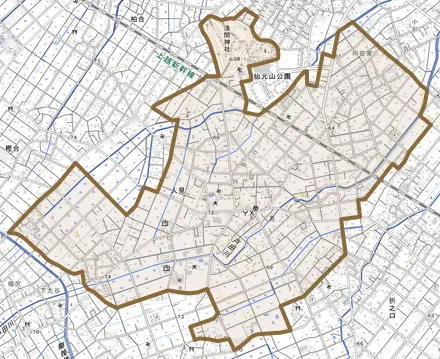 人見とその周辺の地図。町の範囲を重ねている