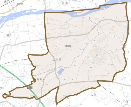 本田とその周辺の地図。町の範囲を重ねている