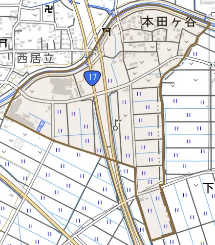 本田ケ谷とその周辺の地図。町の範囲を重ねている