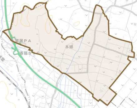 本郷とその周辺の地図。町の範囲を重ねている