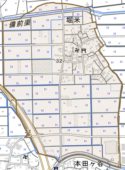 堀米とその周辺の地図。町の範囲を重ねている