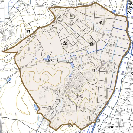 今泉とその周辺の地図。町の範囲を重ねている