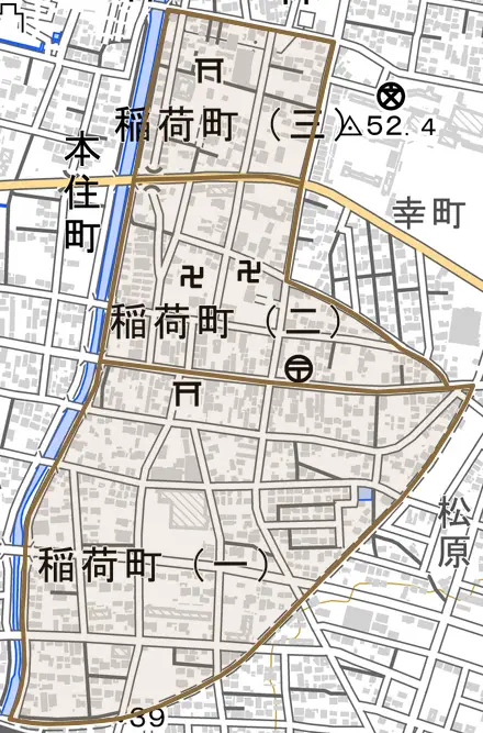稲荷町とその周辺の地図。町の範囲を重ねている