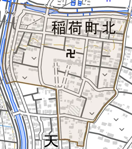 稲荷町北とその周辺の地図。町の範囲を重ねている