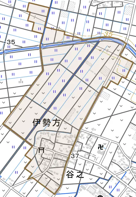 伊勢方とその周辺の地図。町の範囲を重ねている