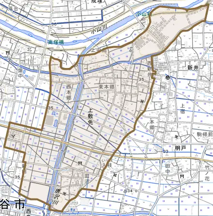 上敷免とその周辺の地図。町の範囲を重ねている