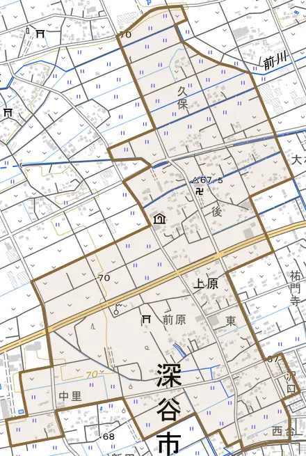 上原とその周辺の地図。町の範囲を重ねている