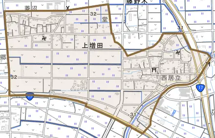 上増田とその周辺の地図。町の範囲を重ねている