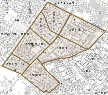 上柴町東とその周辺の地図。町の範囲を重ねている