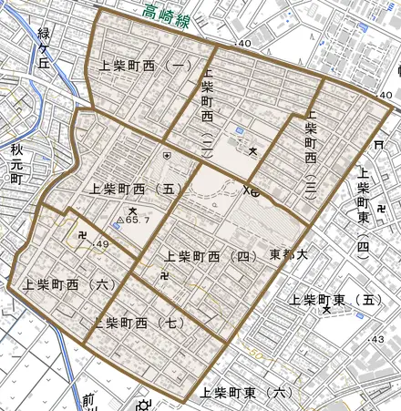 上柴町西とその周辺の地図。町の範囲を重ねている