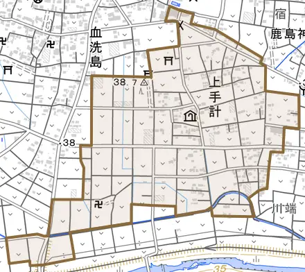 上手計とその周辺の地図。町の範囲を重ねている