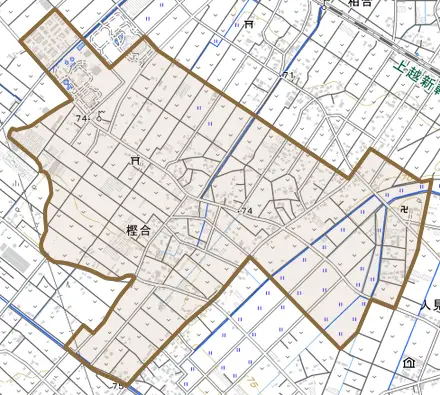 樫合とその周辺の地図。町の範囲を重ねている