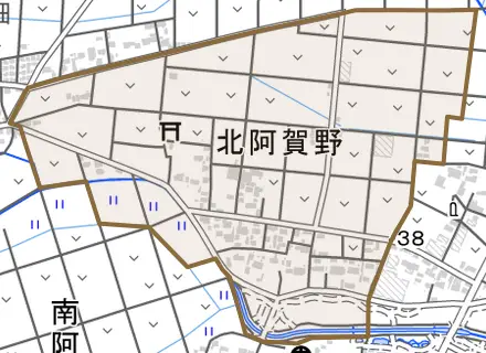 北阿賀野とその周辺の地図。町の範囲を重ねている