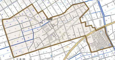 北根とその周辺の地図。町の範囲を重ねている