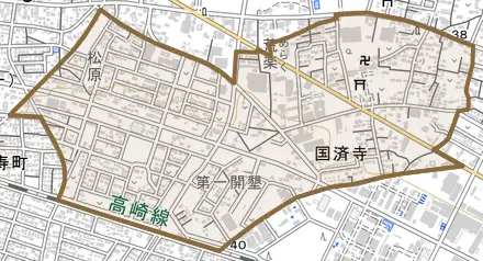 国済寺とその周辺の地図。町の範囲を重ねている