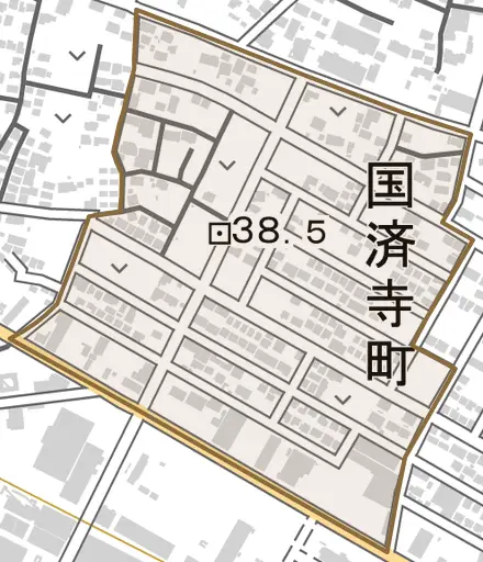 国済寺町とその周辺の地図。町の範囲を重ねている