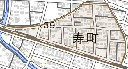 寿町とその周辺の地図。町の範囲を重ねている