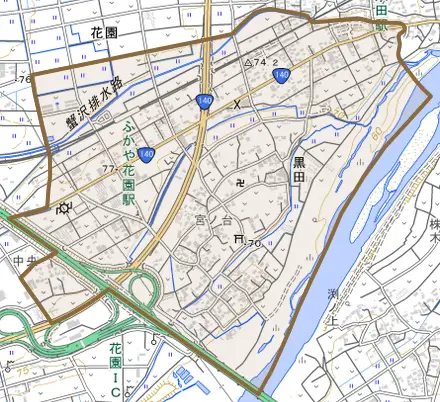 黒田とその周辺の地図。町の範囲を重ねている