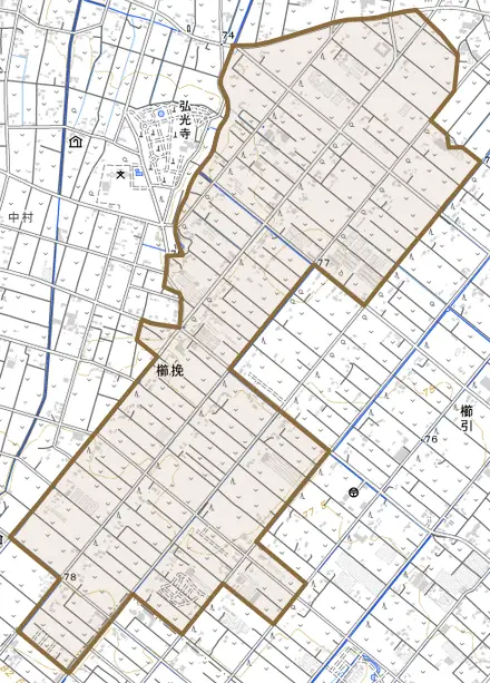櫛挽とその周辺の地図。町の範囲を重ねている