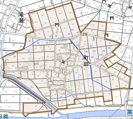 町田とその周辺の地図。町の範囲を重ねている