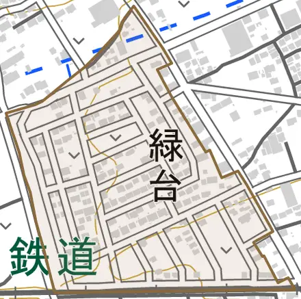 緑台とその周辺の地図。町の範囲を重ねている