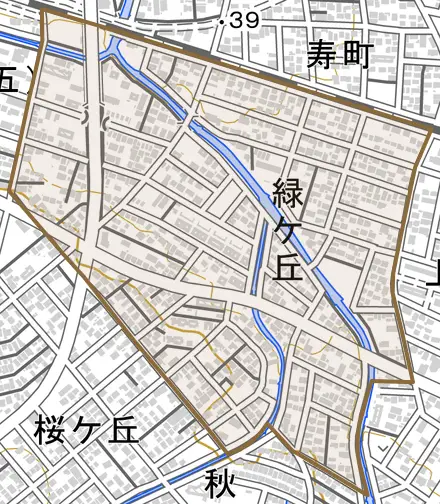 緑ケ丘とその周辺の地図。町の範囲を重ねている