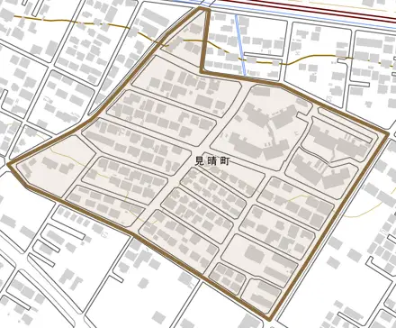 見晴町とその周辺の地図。町の範囲を重ねている