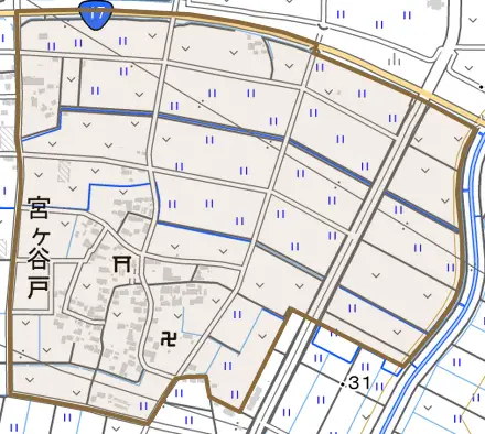 宮ケ谷戸とその周辺の地図。町の範囲を重ねている
