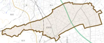 武蔵野とその周辺の地図。町の範囲を重ねている