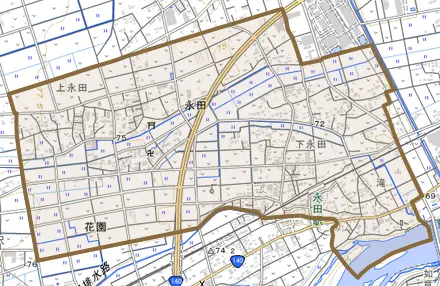 永田とその周辺の地図。町の範囲を重ねている