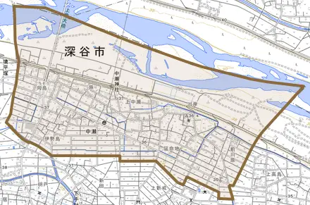 中瀬とその周辺の地図。町の範囲を重ねている