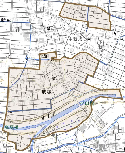 成塚とその周辺の地図。町の範囲を重ねている