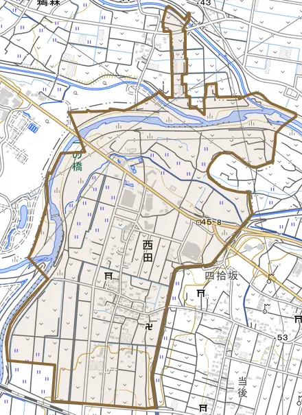 西田とその周辺の地図。町の範囲を重ねている