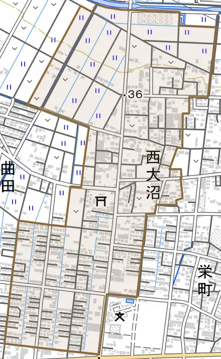西大沼とその周辺の地図。町の範囲を重ねている
