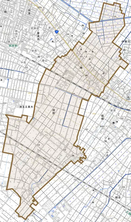 岡部とその周辺の地図。町の範囲を重ねている